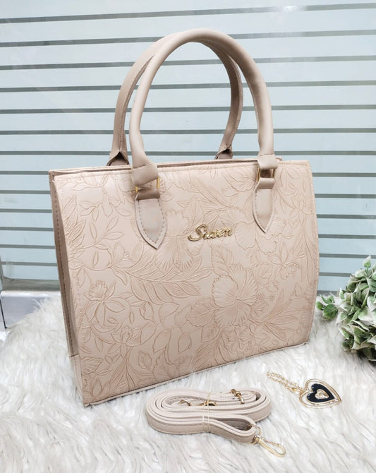 Elegant Floral Beige Handbag with Gold Accents